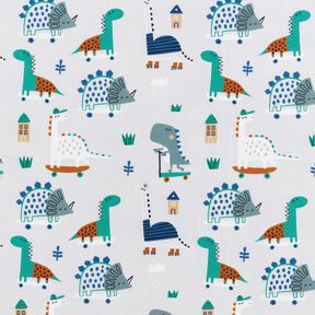 tessuto arredo mezzo panama Dinosauri pattinatori – grigio argento/menta piperita, 