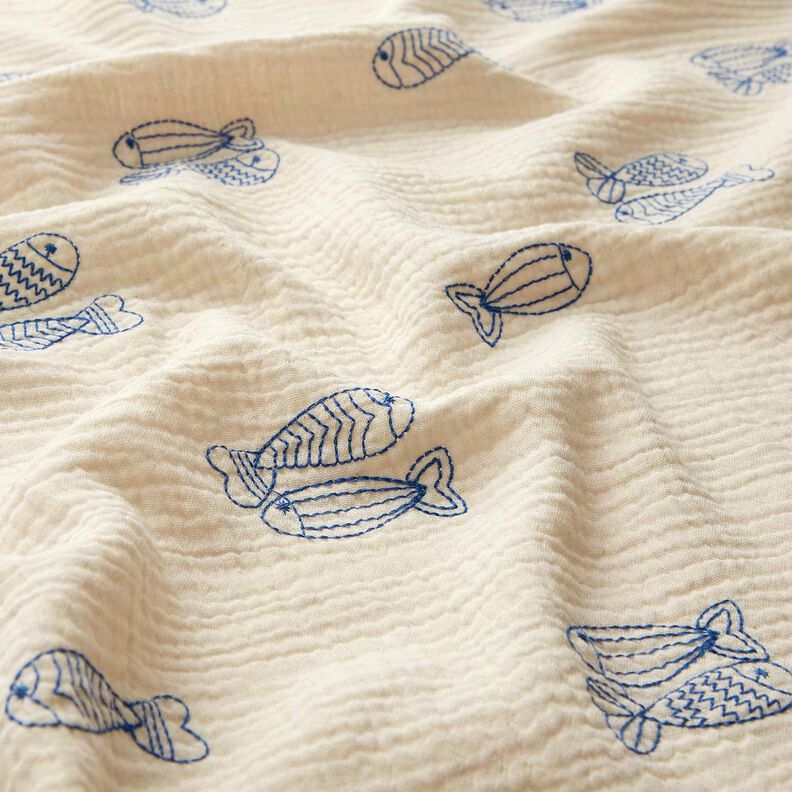 mussolina / tessuto doppio increspato Pesci ricamati | Poppy Fabrics – bianco lana/blu reale,  image number 2