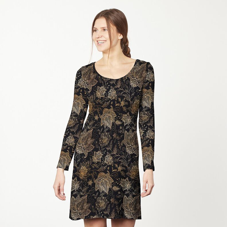 jersey di cotone Fiori mandala dorati | Glitzerpüppi – nero/oro,  image number 6