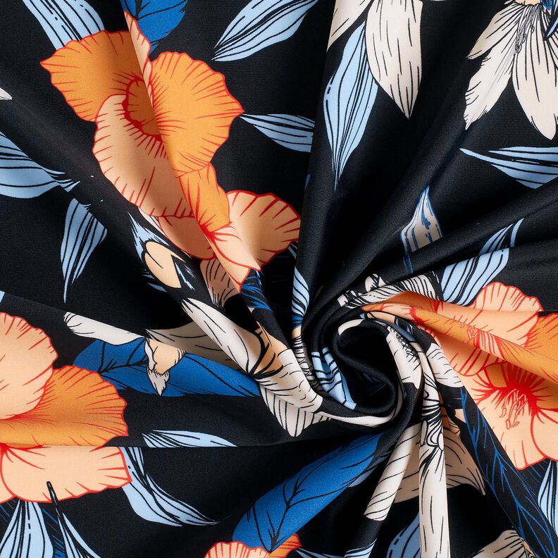 tessuto per costumi da bagno Grandi fiori di ibisco – nero-azzurro/albicocca,  image number 3