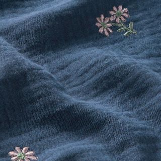 mussolina / tessuto doppio increspato Fiorellini ricamati – colore blu jeans, 