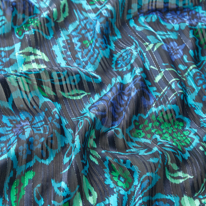 Fiori Paisley a righe glitterate in raso di chiffon – turchese/nero,  image number 2