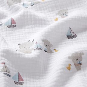 mussolina / tessuto doppio increspato Animali e barche – bianco/grigio argento, 