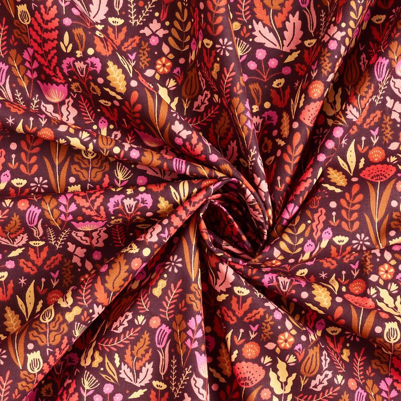 tessuto in cotone cretonne fiori selvatici – rosso merlot/porpora,  image number 3