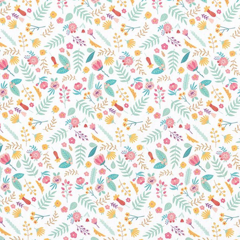tessuto in cotone percallepiccoli fiori e foglie – rosa/giallo,  image number 1