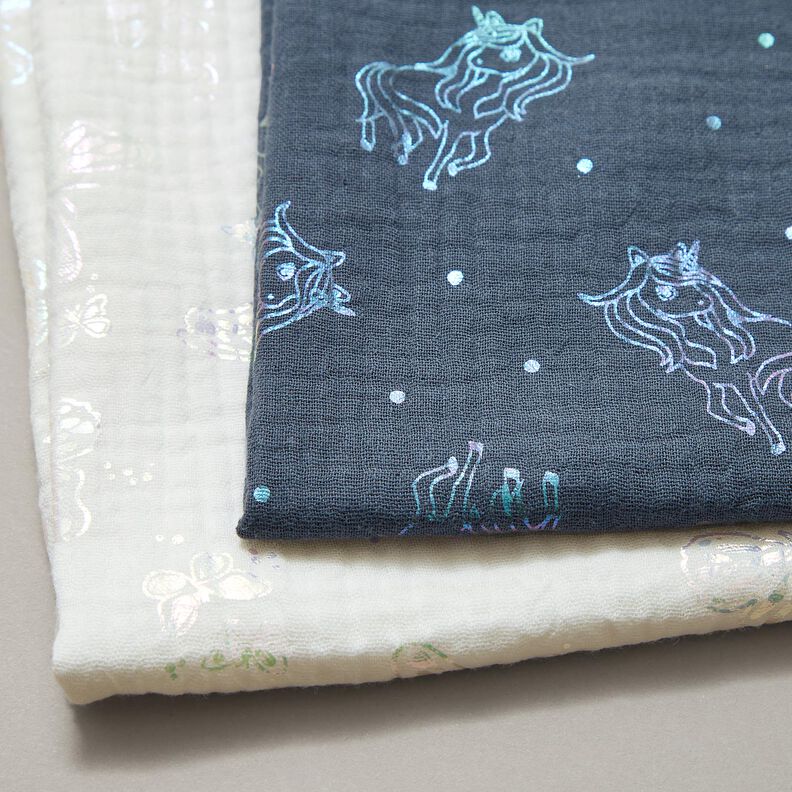 mussolina / tessuto doppio increspato Unicorni stampa laminata – grigio blu,  image number 6