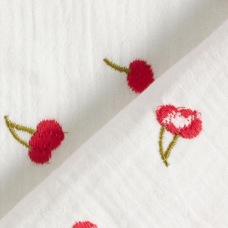 mussolina / tessuto doppio increspato Ciliegie ricamate | Poppy Fabrics – bianco/rosso fuoco,  image number 4