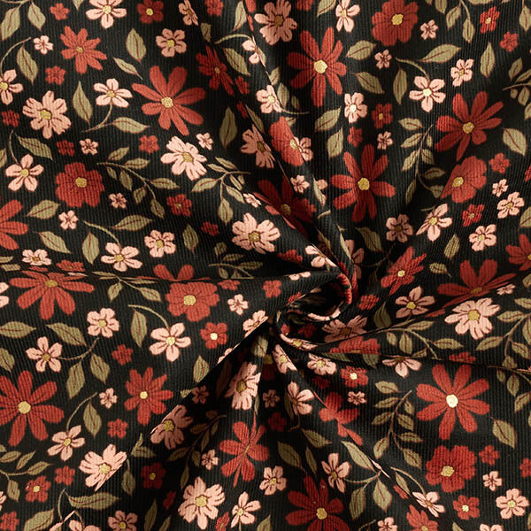 velluto a costine Bellissimi fiori scintillanti – nero/oro effetto metallizzato, image number 3