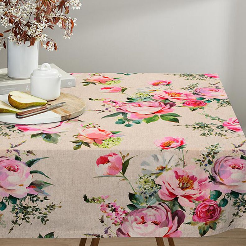 tessuto arredo mezzo panama stampa digitale, rose acquerello – naturale,  image number 5