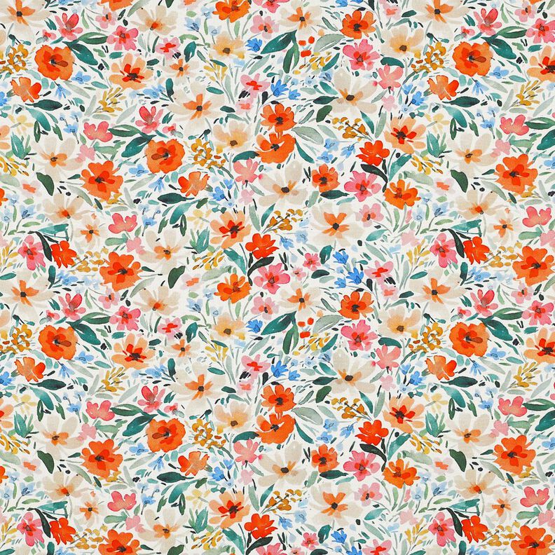 Tessuto di viscosa Prato fiorito in stampa digitale – bianco/arancione,  image number 1