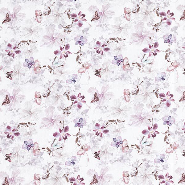 tessuto arredo popeline di cotone farfalle & orchidee – violetto pastello,  image number 1