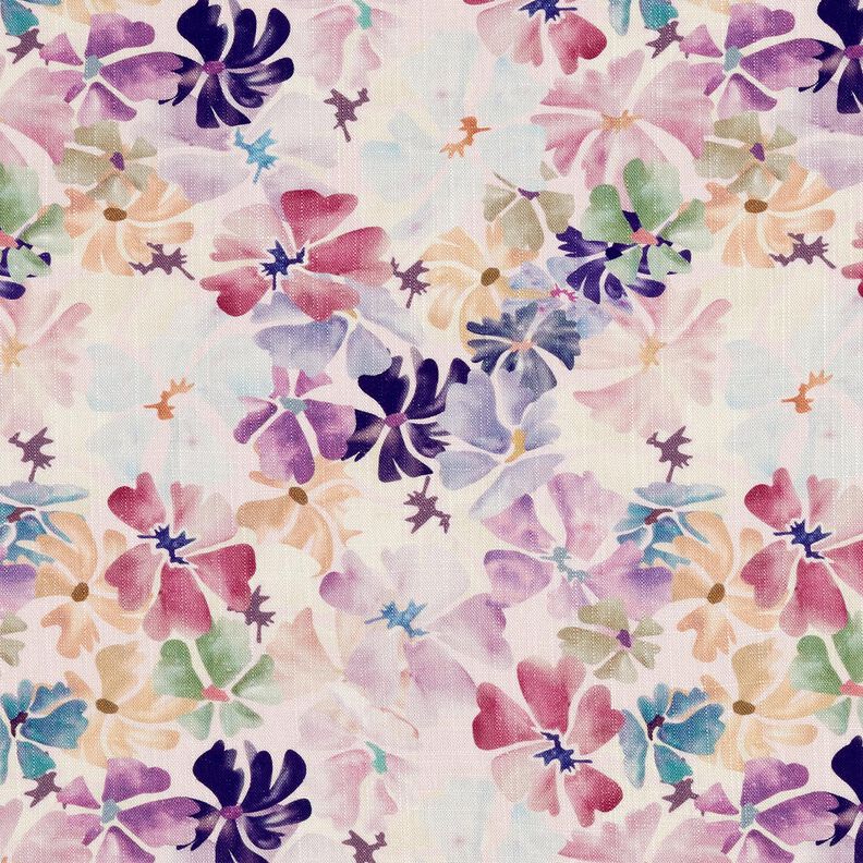Tessuto misto lino-viscosa, fiori ad acquerello – avorio,  image number 1