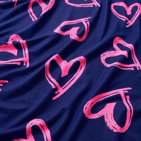 French terry, felpa estiva effetto jeans, cuori neon – blu notte/fucsia neon, 
