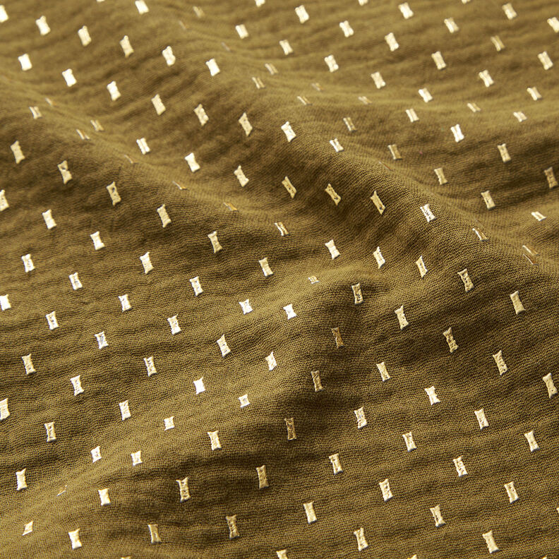 mussolina / tessuto doppio increspato stampa laminata Quadretti – verde oliva scuro/oro, image number 2