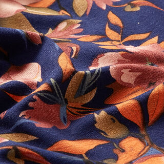 jersey di viscosa, bellissimi fiori – blu marino/arancione, 