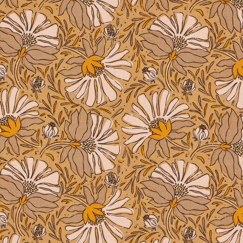tessuto arredo mezzo panama grandi fiori – beige scuro/giallo curry,  image number 1