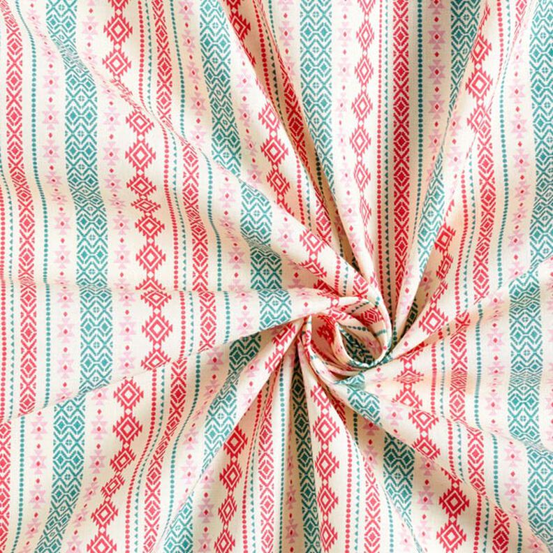 tessuto in cotone cretonne motivo etnico – verde menta/rosa,  image number 4