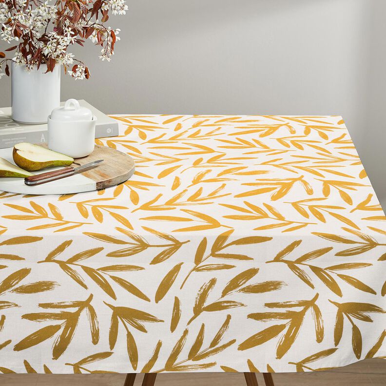 tessuto arredo mezzo panama foglie minimal – senape/naturale, image number 7