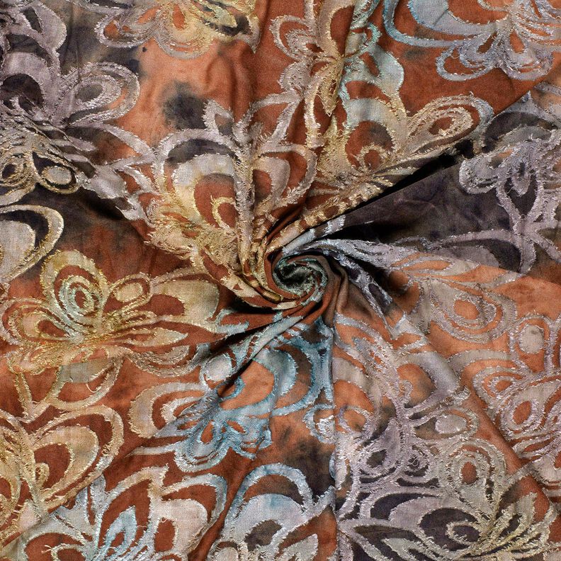 jersey jacquard Fiori con batik – rosso borgogna/grigio pietra, image number 3