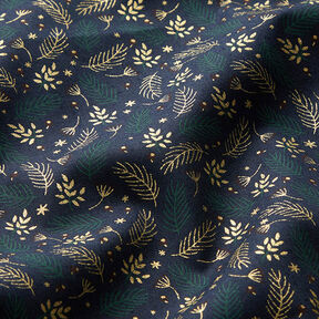 tessuto in cotone popeline Rami e bacche – blu notte/oro, 