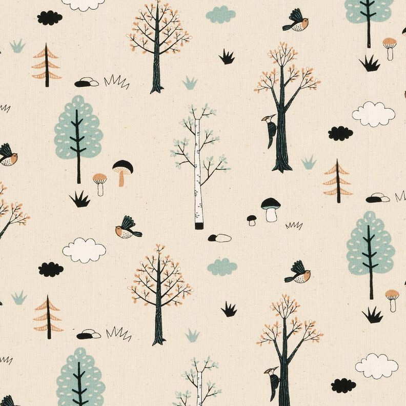 GOTS tessuto in cotone cretonne Uccelli nella foresta – naturale/eucalipto, image number 1