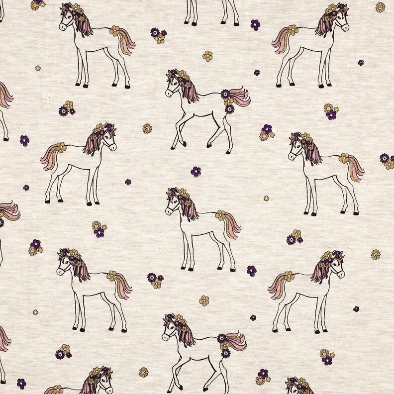 jersey di cotone cavallo e fiori glitterati | Poppy Fabrics – naturale/oro,  image number 1