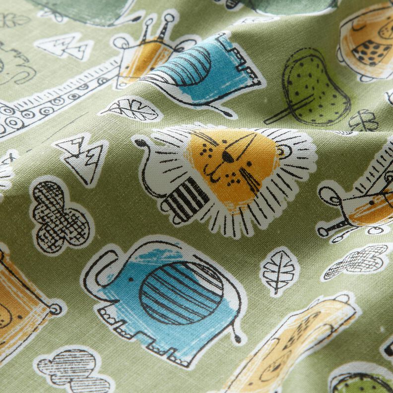 tessuto in cotone cretonne Animali in safari – verde oliva chiaro, image number 2
