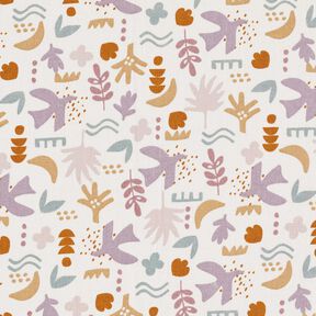tessuto in cotone cretonne Uccelli astratti – bianco lana/violetto pastello, 