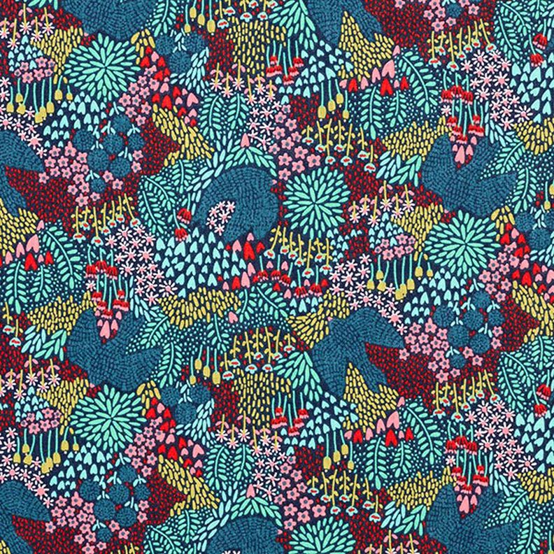 tessuto in cotone cretonne uccelli nel campo fiorito – blu notte,  image number 1