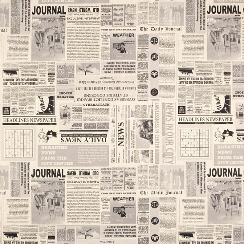 tessuto arredo mezzo panama giornale vintage – naturale/nero,  image number 1