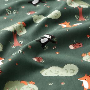 popeline di cotone allegri animali del bosco – verde scuro/arancio pesca, 