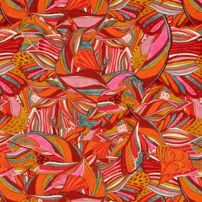 Tessuto in viscosa per abbigliamento da spiaggia con pavoni e fiori – arancione/rosso borgogna, 