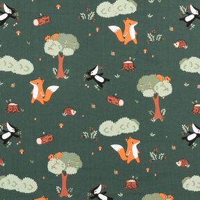popeline di cotone allegri animali del bosco – verde scuro/arancio pesca, 