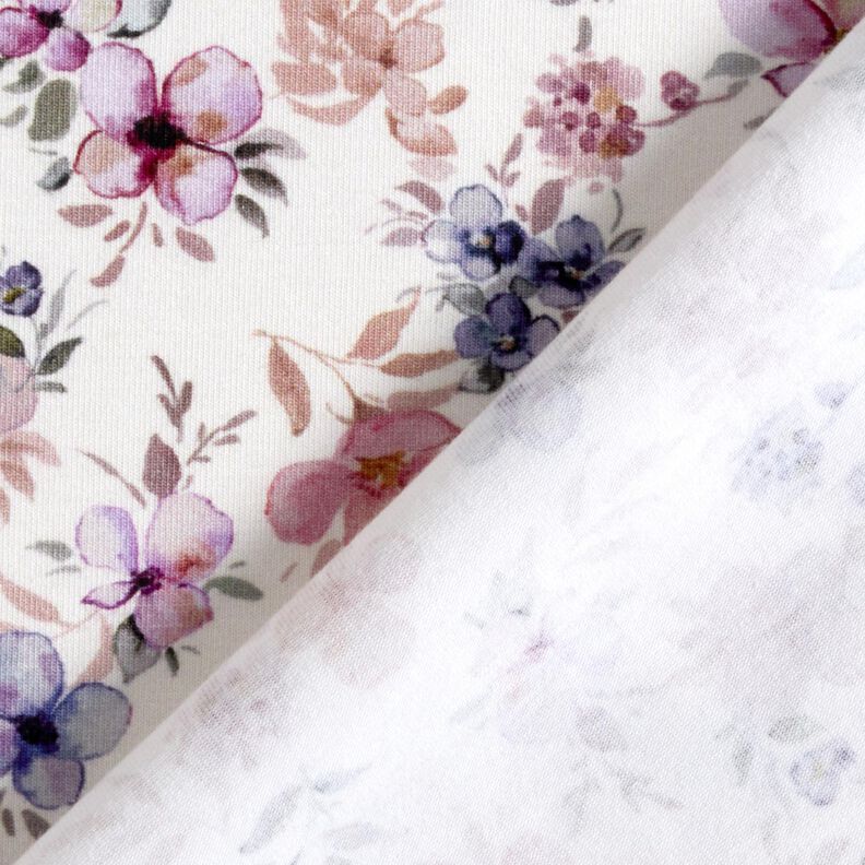 GOTS jersey di cotone Fiori ad acquerello stampa digitale – bianco lana/violetto pastello,  image number 4