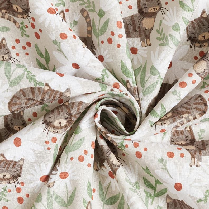 tessuto in cotone cretonne Gatti in un prato fiorito – grigio argento, image number 3