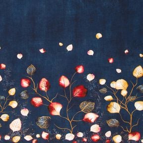 French terry tessuto con bordura Foglie autunnali | Glitzerpüppi – blu marino/arancio pesca, 