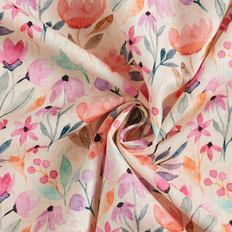 Misto lino-cotone con fiori primaverili acquerellati – bianco lana,  image number 4