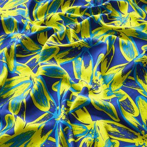 tessuto crêpe satin Grandi fiori di camomilla – indaco/giallo limone, 