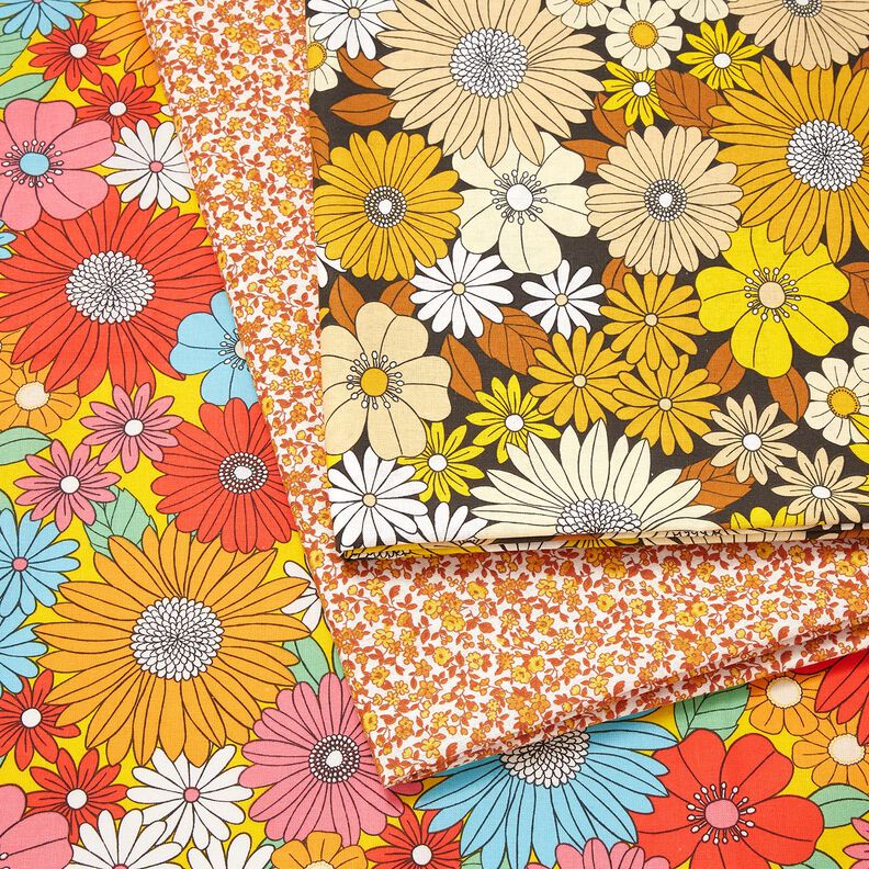 tessuto in cotone cretonne Grandi fiori retrò – turchese/giallo sole,  image number 5