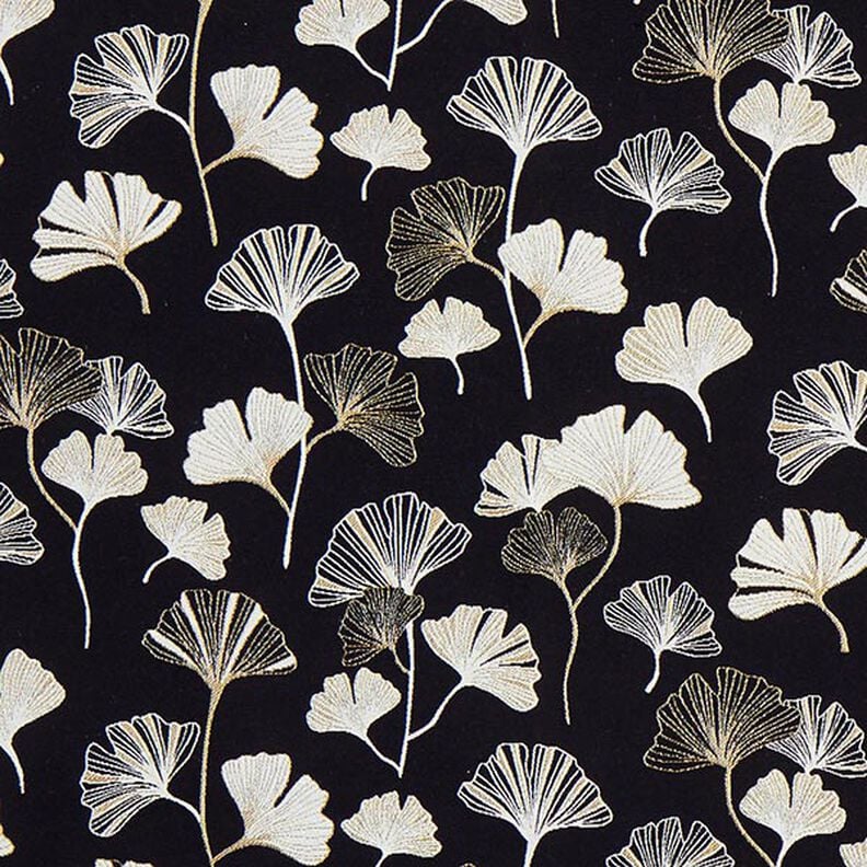 tessuto arredo Jacquard foglie di ginkgo – nero/oro,  image number 1