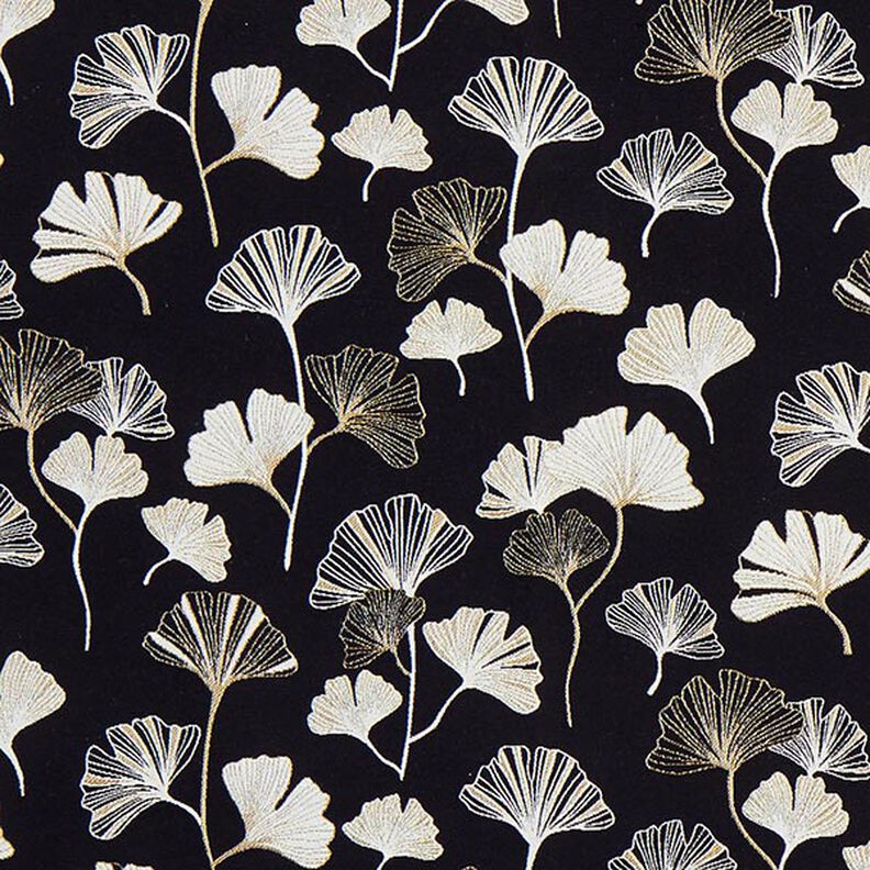 tessuto arredo Jacquard foglie di ginkgo – nero/oro,  image number 1