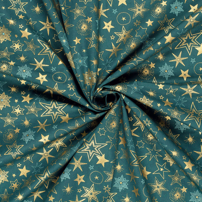 tessuto in cotone popeline Grandi stelle – abete blu/oro, image number 3