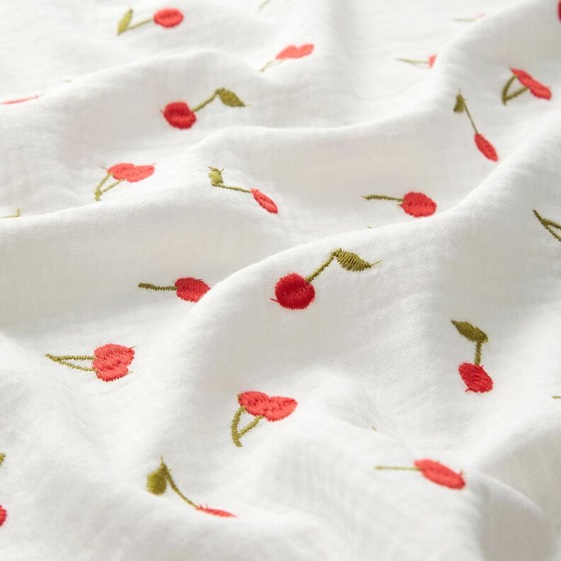 mussolina / tessuto doppio increspato Ciliegie ricamate | Poppy Fabrics – bianco/rosso fuoco,  image number 2