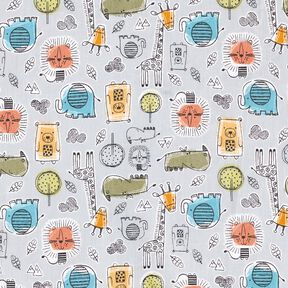 tessuto in cotone cretonne Animali in safari – grigio argento, 