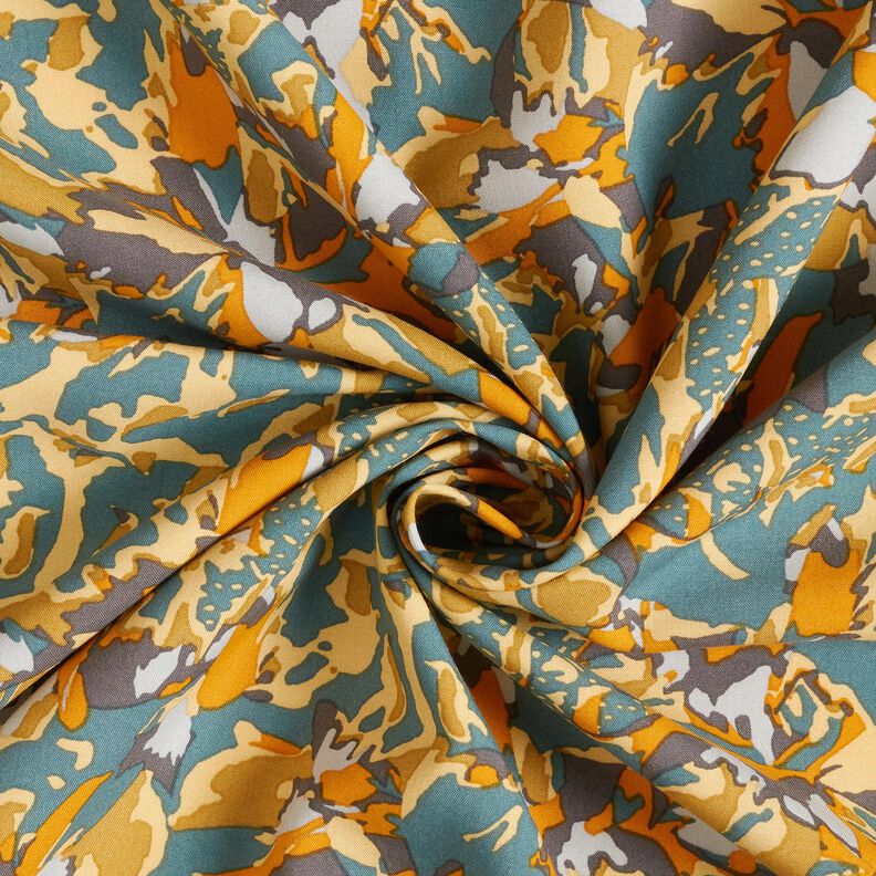 Tessuto di viscosa mare astratto di fiori – abete blu/giallo curry,  image number 3