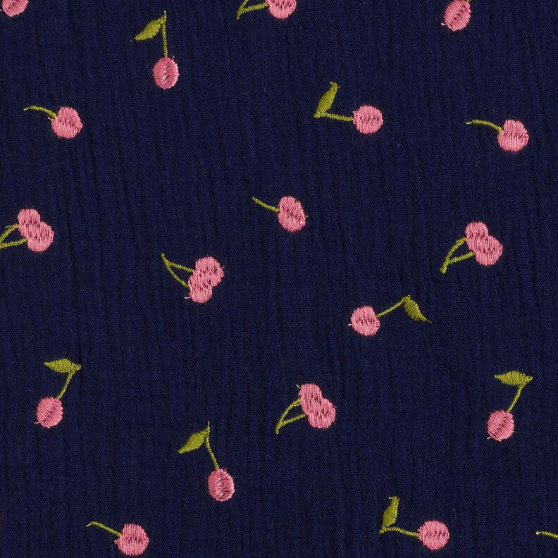 mussolina / tessuto doppio increspato Ciliegie ricamate | Poppy Fabrics – blu notte/rosa,  image number 1