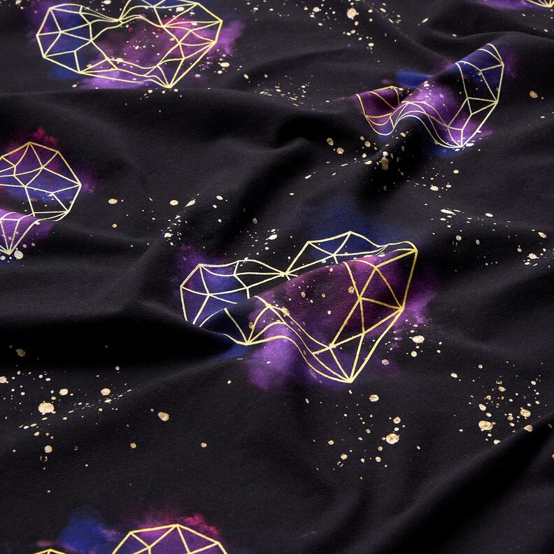 jersey di cotone Cuori origami con granelli dorati | Glitzerpüppi – nero/lillà,  image number 2