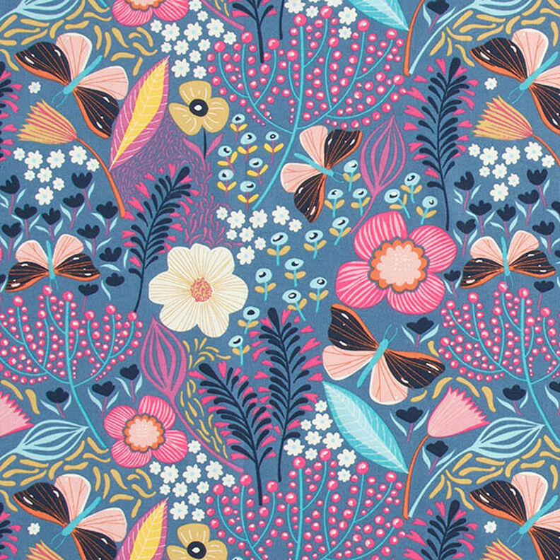 tessuto in cotone cretonne farfalle e fiori – grigio blu/pink,  image number 1