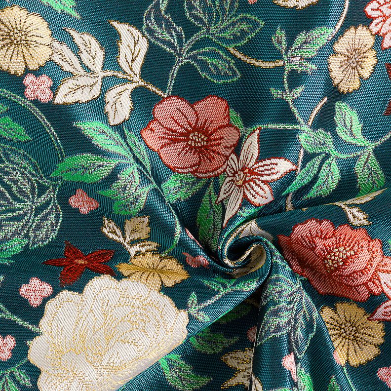tessuto arredo Jacquard Fiori d'epoca – petrolio/rosso scuro,  image number 3