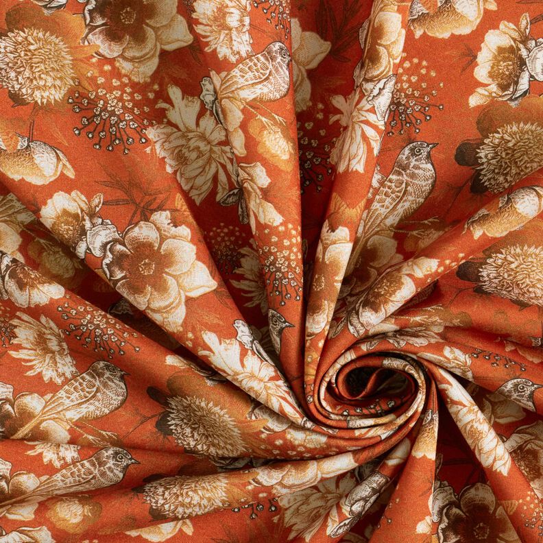 Tessuto di viscosa Uccelli e rose selvatiche – terracotta/caramello, image number 3